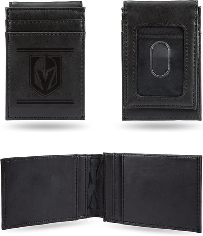 Vegas Golden Knights Premium Black Leather Wallet, Front Pocket Magnetic Money Clip, Laser Engraved, Vegan