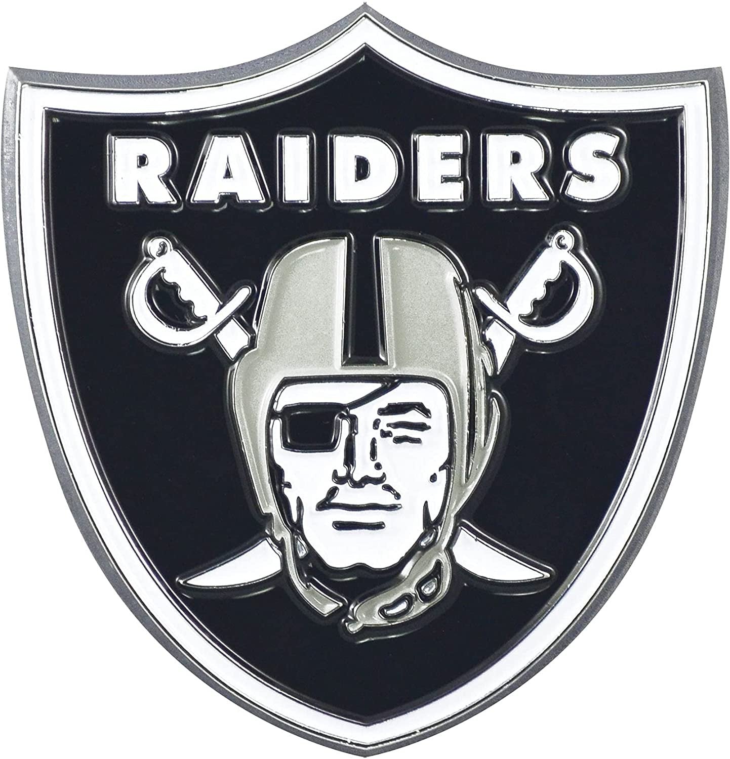 Las Vegas Raiders Premium Solid Metal Raised Auto Emblem, Team Color, Shape Cut, Adhesive Backing