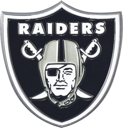 Las Vegas Raiders Premium Solid Metal Raised Auto Emblem, Team Color, Shape Cut, Adhesive Backing