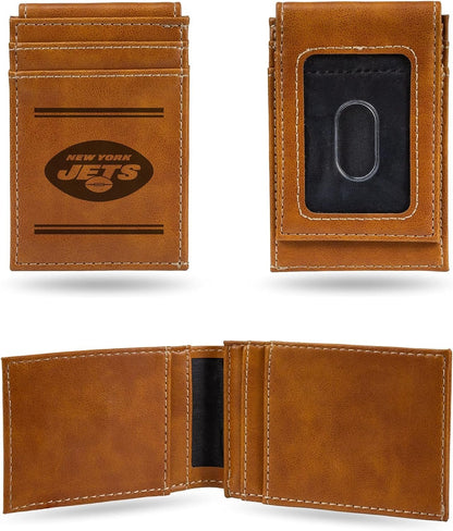 Rico Industries NFL New York Jets Premium Laser Engraved Vegan Brown Leather Front Pocket Wallet - Compact and Slim yet Sturdy Design - Perfect to Show Your Team Pride or Gift
