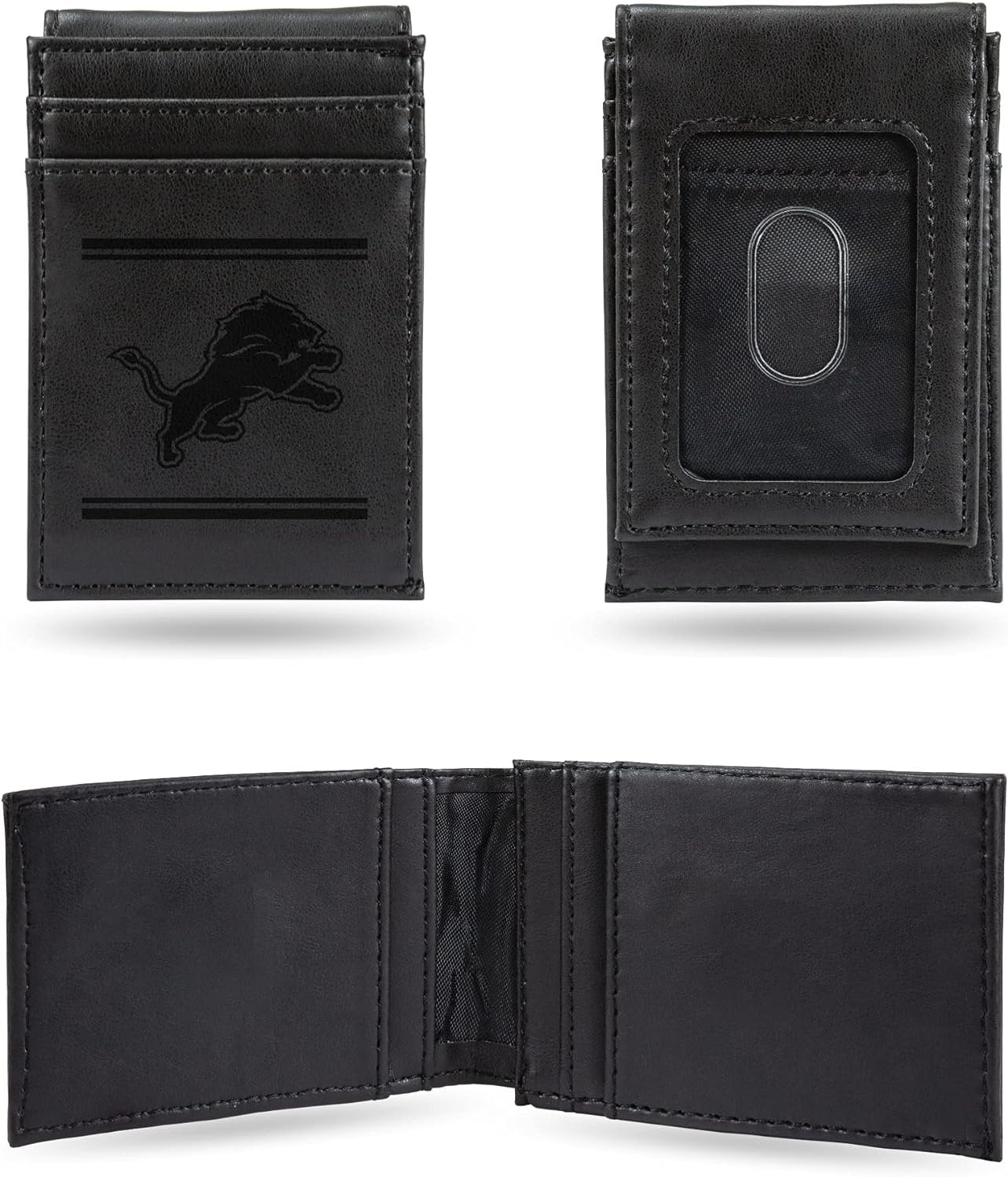 Detroit Lions Premium Black Leather Wallet, Front Pocket Magnetic Money Clip, Laser Engraved, Vegan