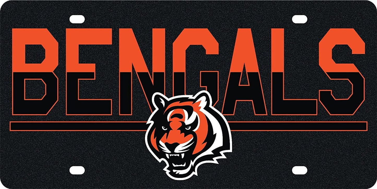Cincinnati Bengals Premium Laser Cut Tag License Plate, Duo-Tone, Mirrored Acrylic Inlaid, 6x12 Inch
