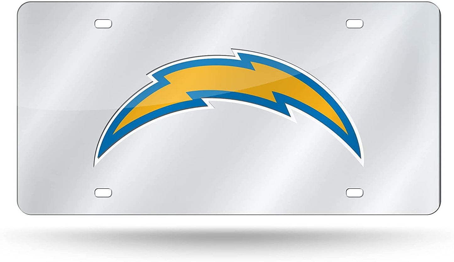 Los Angeles Chargers Laser Cut Tag License Plate, Mirrored Inlaid Acrylic, Silver, 12x6 Inch