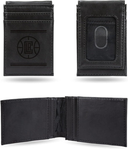 Los Angeles Clippers Premium Black Leather Wallet, Front Pocket Magnetic Money Clip, Laser Engraved, Vegan