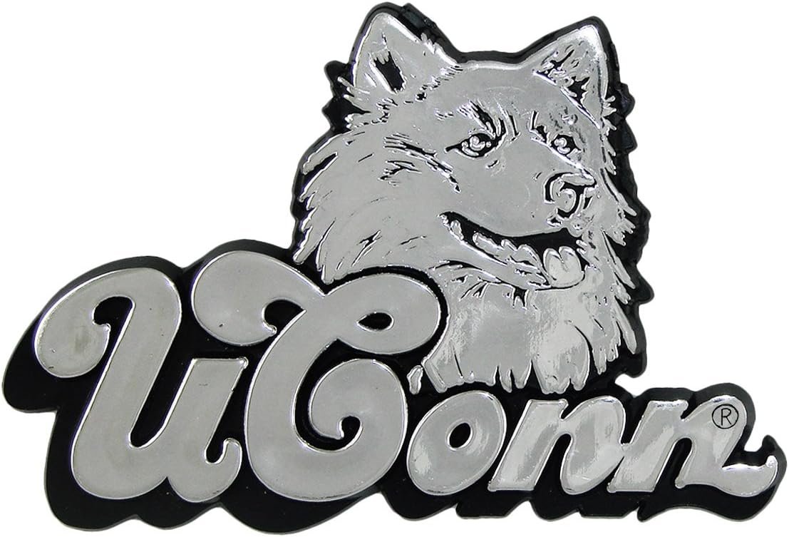University of Connecticut Huskies Uconn Silver Chrome Color Auto Emblem Molded Raised Adhesive Tape Backing