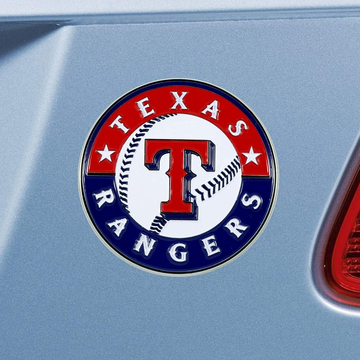 Texas Rangers Solid Metal Color Raised Auto Emblem, Adhesive Tape Backing