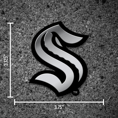 Seattle Kraken Auto Emblem, Silver Chrome Color, Raised Molded Plastic, 3.5 Inch, Adhesive Tape Backing