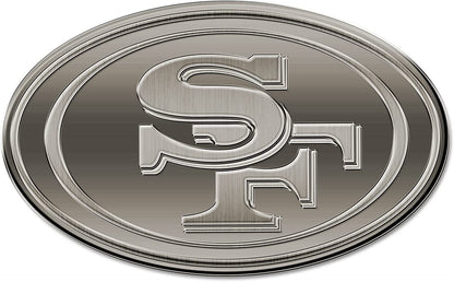 San Francisco 49ers Premium Solid Metal Raised Auto Emblem, Antique Nickel Finish, Shape Cut, Adhesive Backing