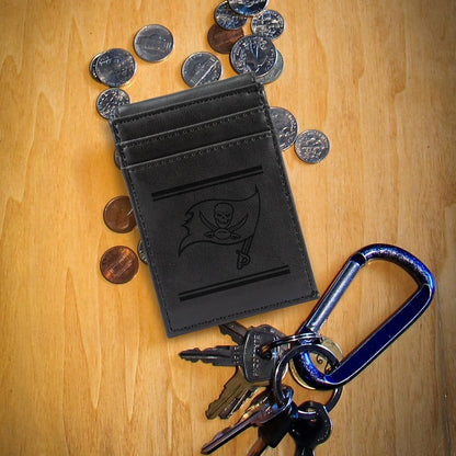 Tampa Bay Buccaneers Premium Black Leather Wallet, Front Pocket Magnetic Money Clip, Laser Engraved, Vegan