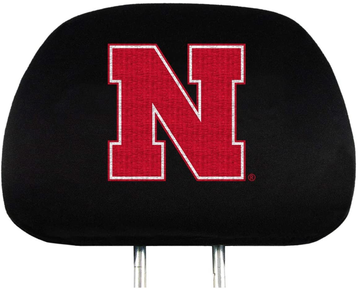 University of Nebraska Cornhuskers Pair of Premium Auto Head Rest Covers, Embroidered, Black Elastic, 14x10 Inch