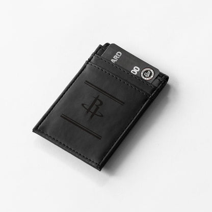 Houston Rockets Premium Black Leather Wallet, Front Pocket Magnetic Money Clip, Laser Engraved, Vegan