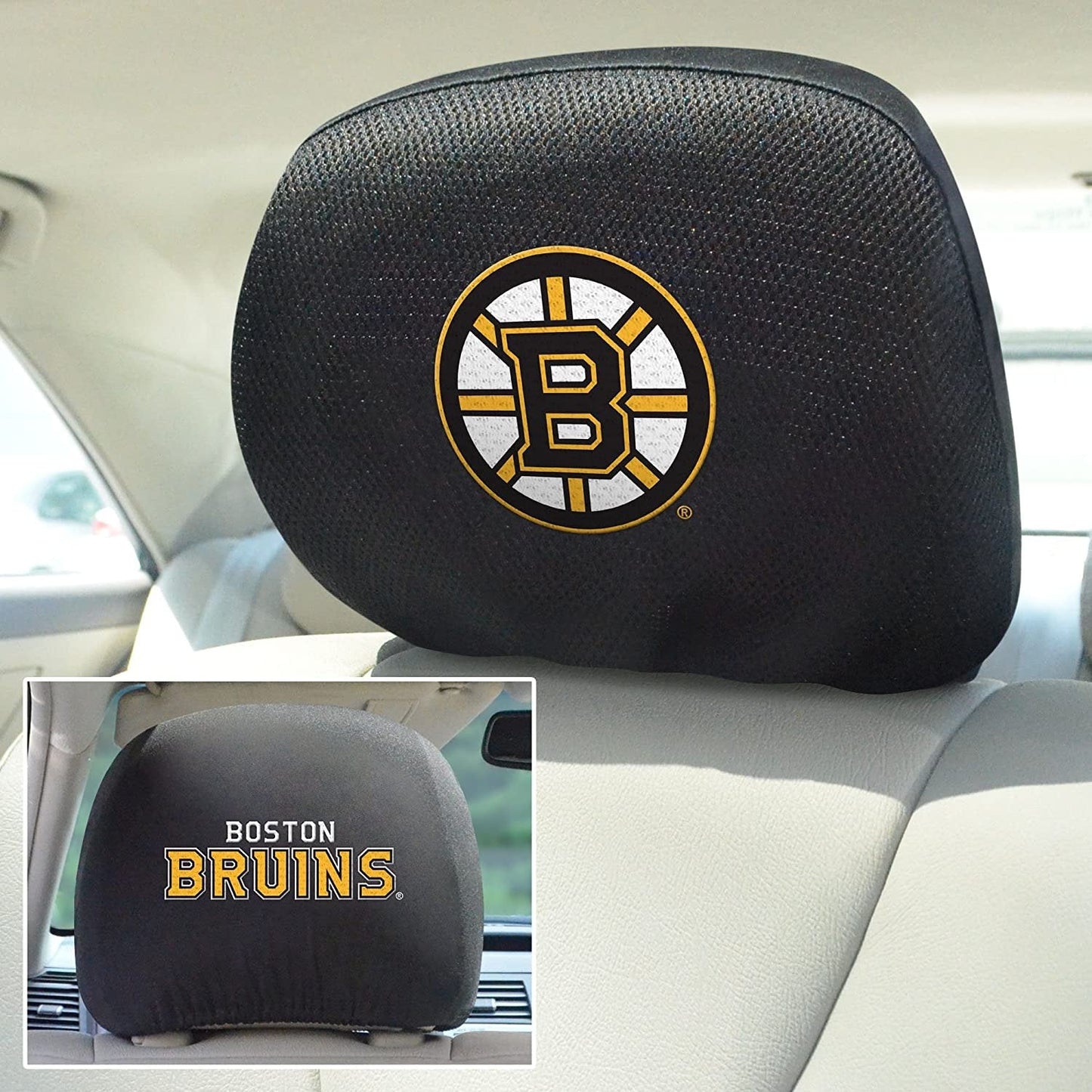 Boston Bruins Pair of Premium Auto Head Rest Covers, Embroidered, Black Elastic, 14x10 Inch