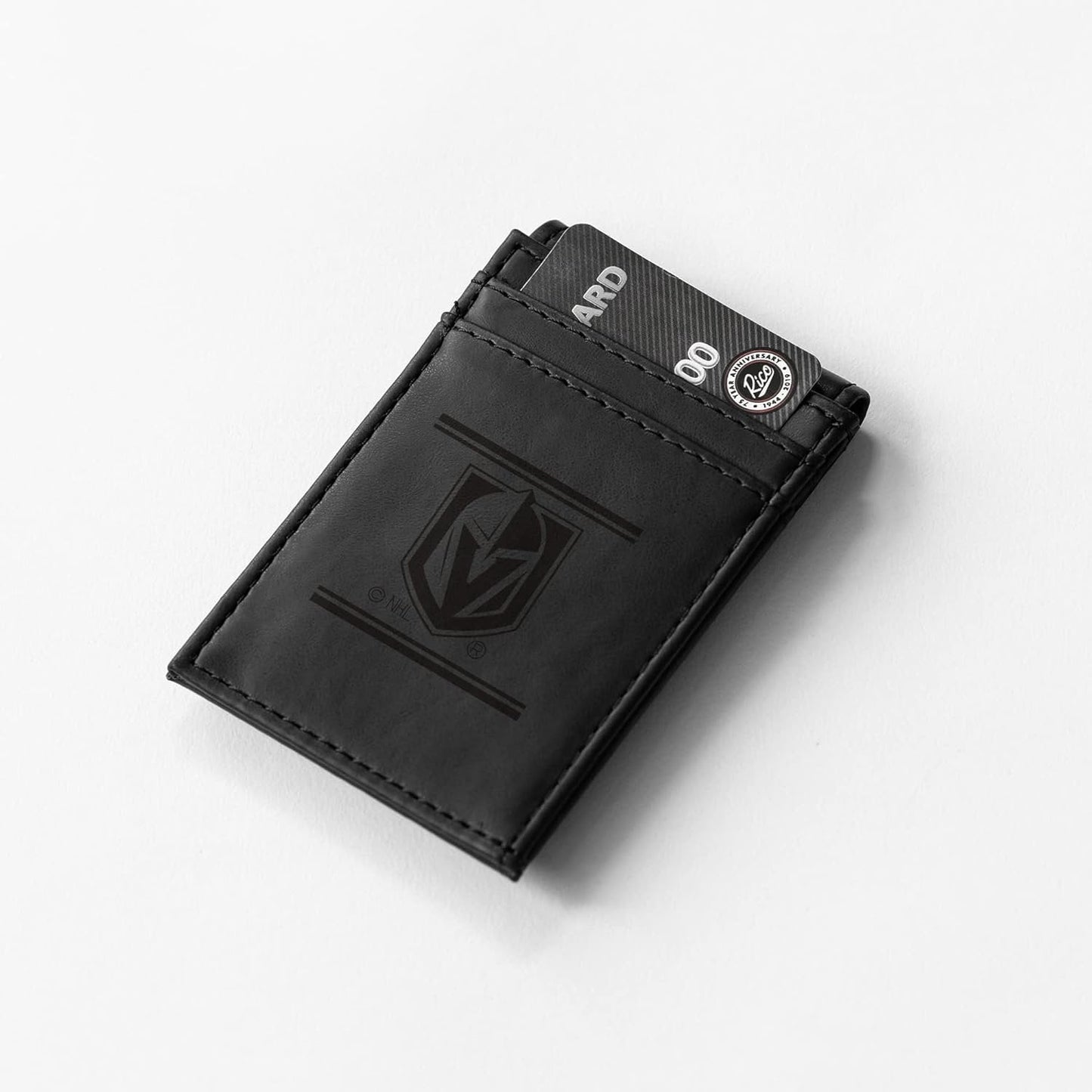 Vegas Golden Knights Premium Black Leather Wallet, Front Pocket Magnetic Money Clip, Laser Engraved, Vegan