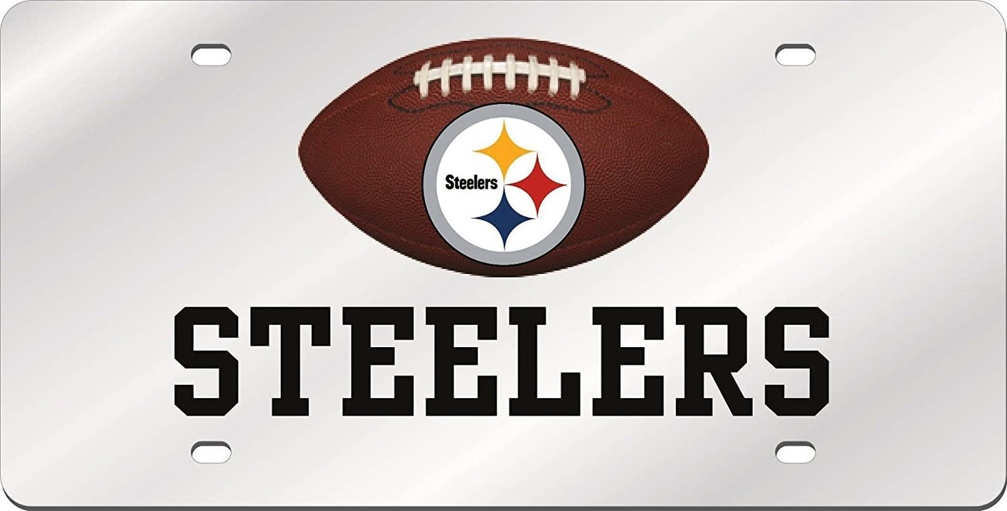 Pittsburgh Steelers Premium Laser Cut Tag License Plate, Football, Mirrored Acrylic Inlaid, 6x12 Inch