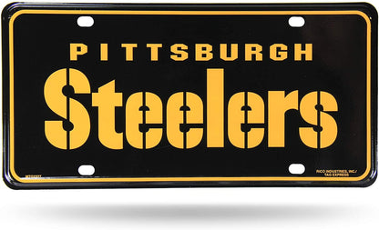 Pittsburgh Steelers Metal Auto Tag License Plate, Script Black Design, 12x6 Inch