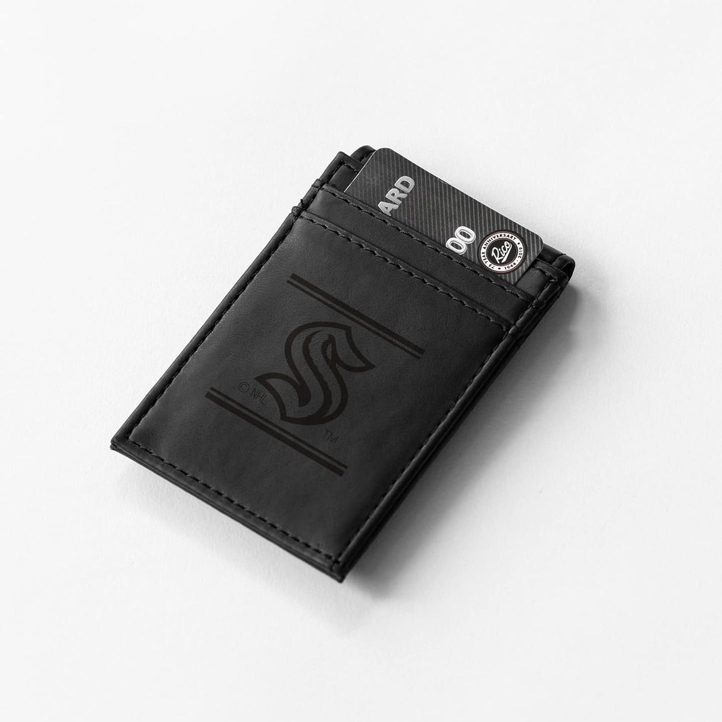 Seattle Kraken Premium Black Leather Wallet, Front Pocket Magnetic Money Clip, Laser Engraved, Vegan