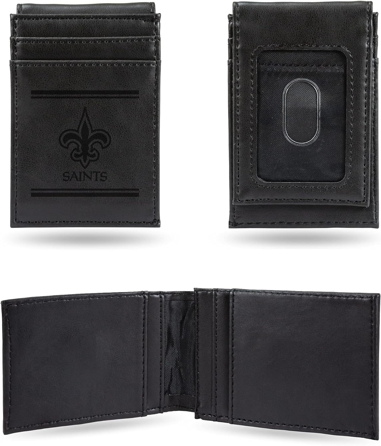 New Orleans Saints Premium Black Leather Wallet, Front Pocket Magnetic Money Clip, Laser Engraved, Vegan