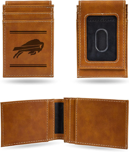 Rico Industries NFL Buffalo Bills Premium Laser Engraved Vegan Brown Leather Front Pocket Wallet - Compact and Slim yet Sturdy Design - Perfect to Show Your Team Pride or Gift