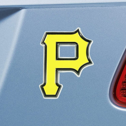 Pittsburgh Pirates Premium Solid Metal Color Raised Auto Emblem Shape Cut Adhesive Backing