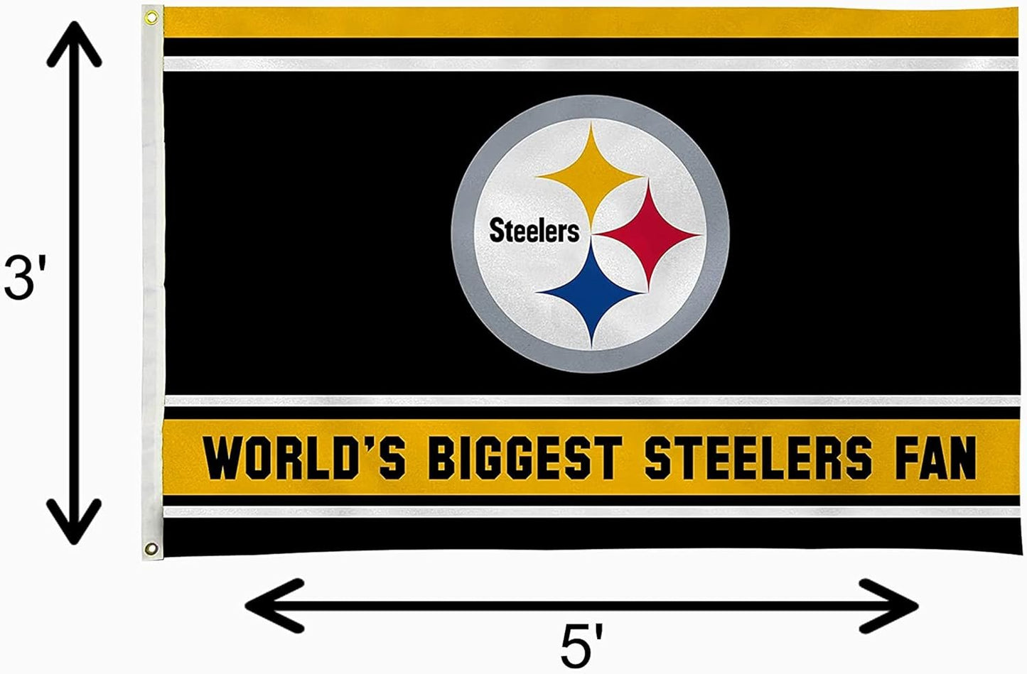 Pittsburgh Steelers 3x5 Feet Flag Banner, World's Biggest Fan, Metal Grommets, Single Sided, Indoor or Outdoor Use