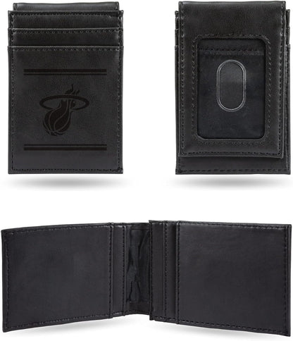 Miami Heat Premium Black Leather Wallet, Front Pocket Magnetic Money Clip, Laser Engraved, Vegan