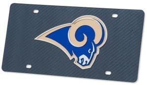 Los Angeles Rams Premium Laser Cut Tag License Plate, Carbon Fiber Design, Mirrored Acrylic Inlaid, 12x6 Inch