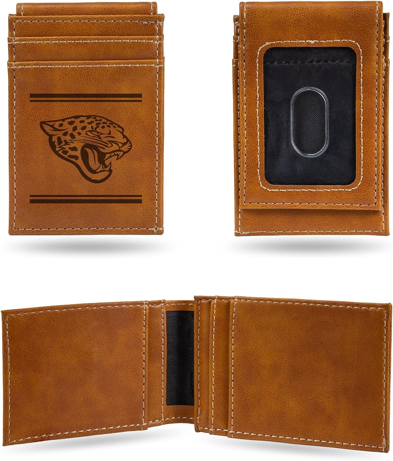 Rico Industries NFL Jacksonville Jaguars Premium Laser Engraved Vegan Brown Leather Front Pocket Wallet - Compact and Slim yet Sturdy Design - Perfect to Show Your Team Pride or Gift