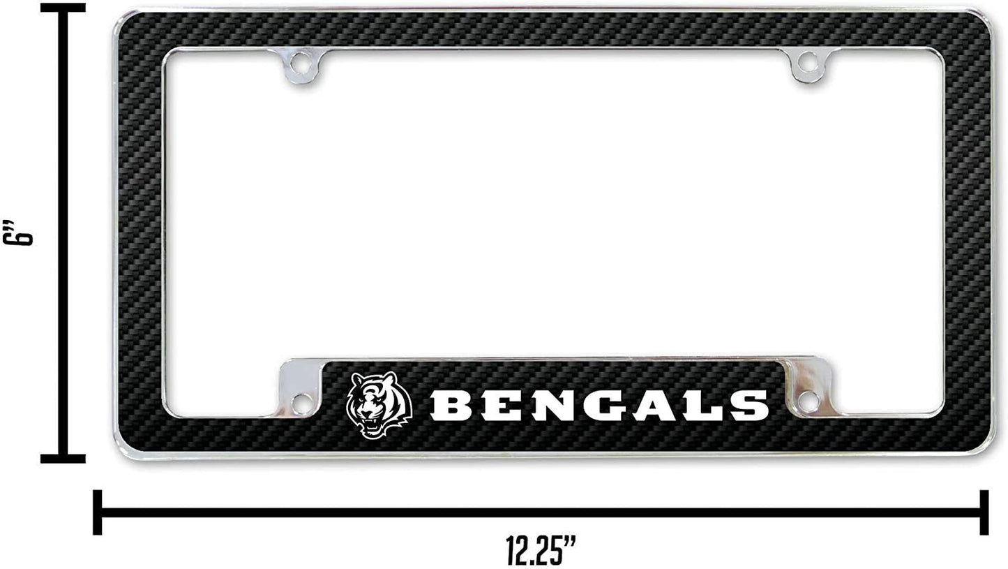 Cincinnati Bengals Metal License Plate Frame Chrome Tag Cover Carbon Fiber Design 6x12 Inch
