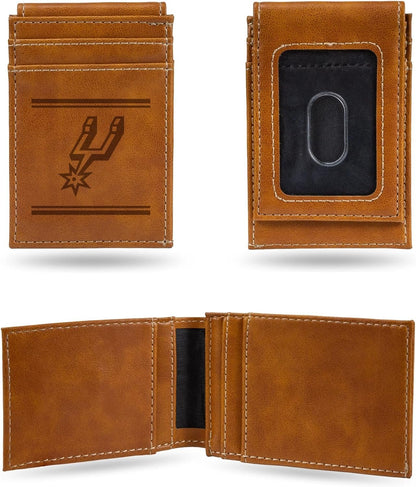 Rico Industries NBA San Antonio Spurs Premium Laser Engraved Vegan Brown Leather Front Pocket Wallet - Compact and Slim Yet Sturdy Design - Perfect to Show Your Team Pride or Gift