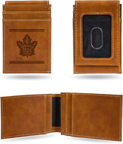 Rico Industries NHL Toronto Maple Leafs Premium Laser Engraved Vegan Brown Leather Front Pocket Wallet - Compact and Slim yet Sturdy Design - Perfect to Show Your Team Pride or Gift