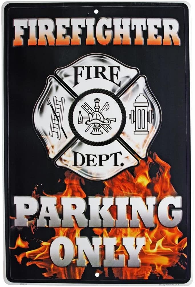 FIREFIGHTER PARKING ONLY TIN SIGN 18" X 12"