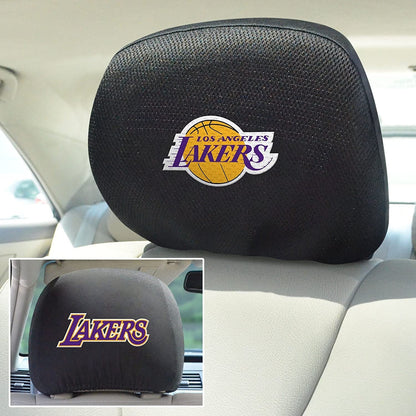 Los Angeles Lakers Pair of Premium Auto Head Rest Covers, Embroidered, Black Elastic, 14x10 Inch