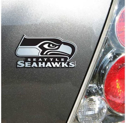 Seattle Seahawks Auto Emblem, Plastic Molded, Silver Chrome Color, Raised 3D Effect, Adhesive Backing
