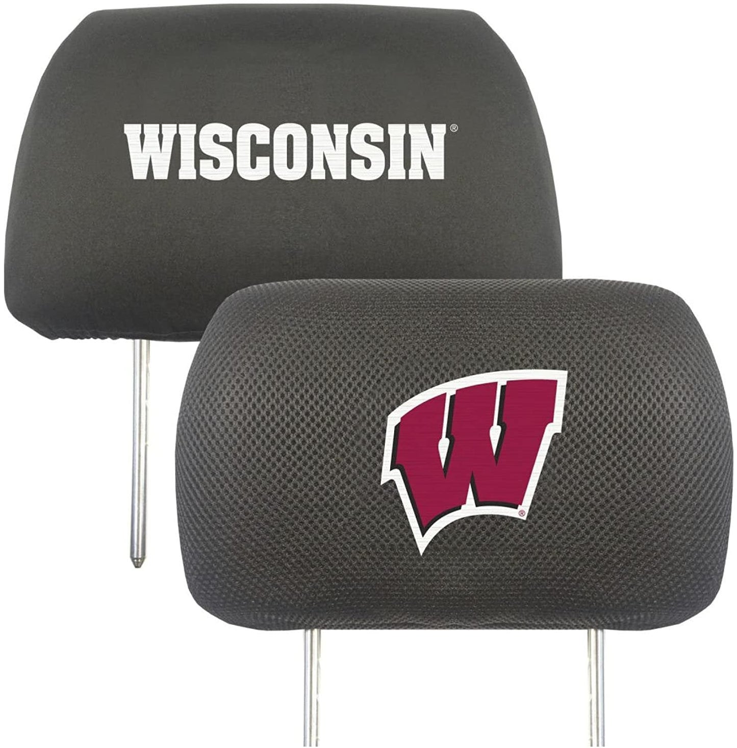 University of Wisconsin Badgers Pair of Premium Auto Head Rest Covers, Embroidered, Black Elastic, 14x10 Inch