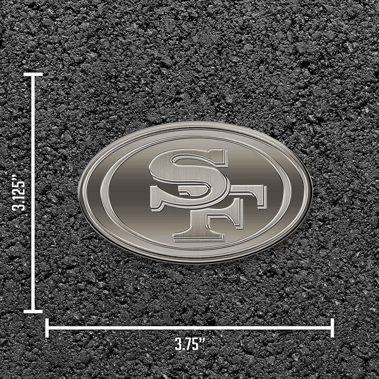 San Francisco 49ers Premium Solid Metal Raised Auto Emblem, Antique Nickel Finish, Shape Cut, Adhesive Backing