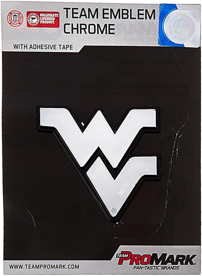 West Virginia University Mountaineers Auto Emblem, Silver Chrome Color, Molded Raised, Adhesive Tape Backing, 3 Inch