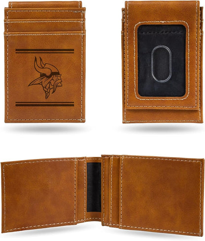 Rico Industries NFL Minnesota Vikings Premium Laser Engraved Vegan Brown Leather Front Pocket Wallet - Compact and Slim yet Sturdy Design - Perfect to Show Your Team Pride or Gift