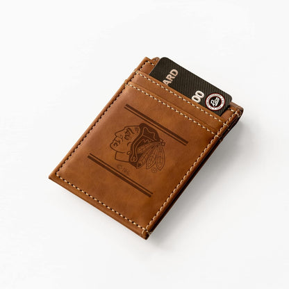 Rico Industries NHL Chicago Blackhawks Premium Laser Engraved Vegan Brown Leather Front Pocket Wallet - Compact and Slim yet Sturdy Design - Perfect to Show Your Team Pride or Gift