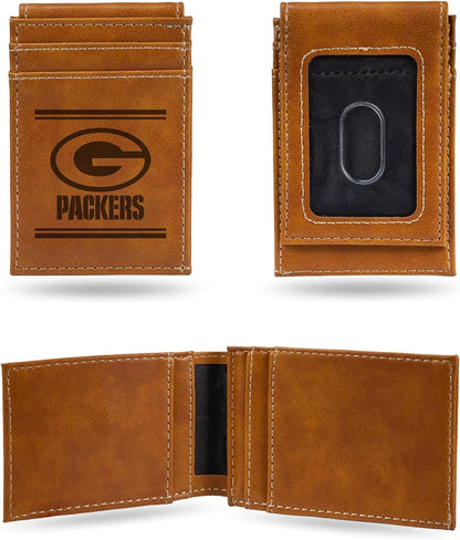Rico Industries NFL Green Bay Packers Premium Laser Engraved Vegan Brown Leather Front Pocket Wallet - Compact and Slim yet Sturdy Design - Perfect to Show Your Team Pride or Gift