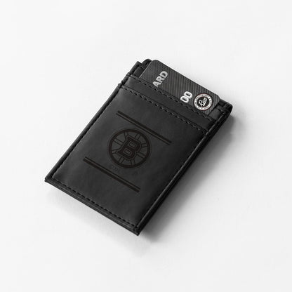Boston Bruins Premium Black Leather Wallet, Front Pocket Magnetic Money Clip, Laser Engraved, Vegan