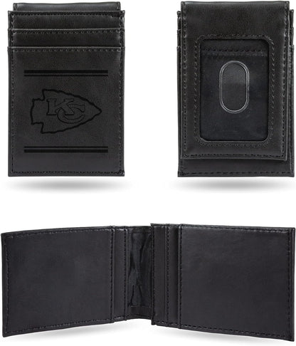 Kansas City Chiefs Premium Black Leather Wallet, Front Pocket Magnetic Money Clip, Laser Engraved, Vegan