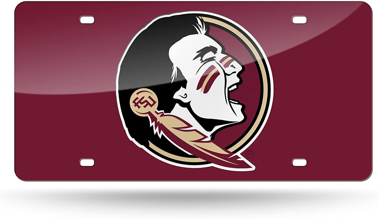 Florida State University Seminoles Laser Cut Tag License Plate, Mirrored Acrylic Inlaid, Red, 12x6 Inch