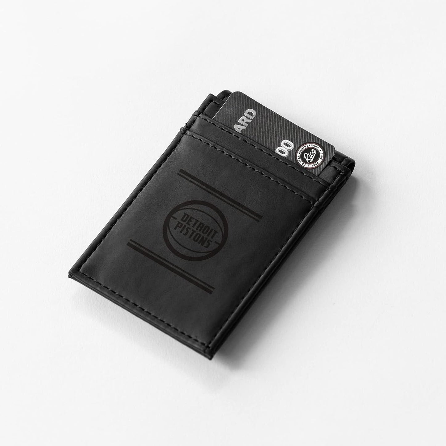 Rico Industries NBA Detroit Pistons Premium Laser Engraved Vegan Black Leather Front Pocket Wallet - Compact and Slim yet Sturdy Design - Perfect to Show Your Team Pride or Gift