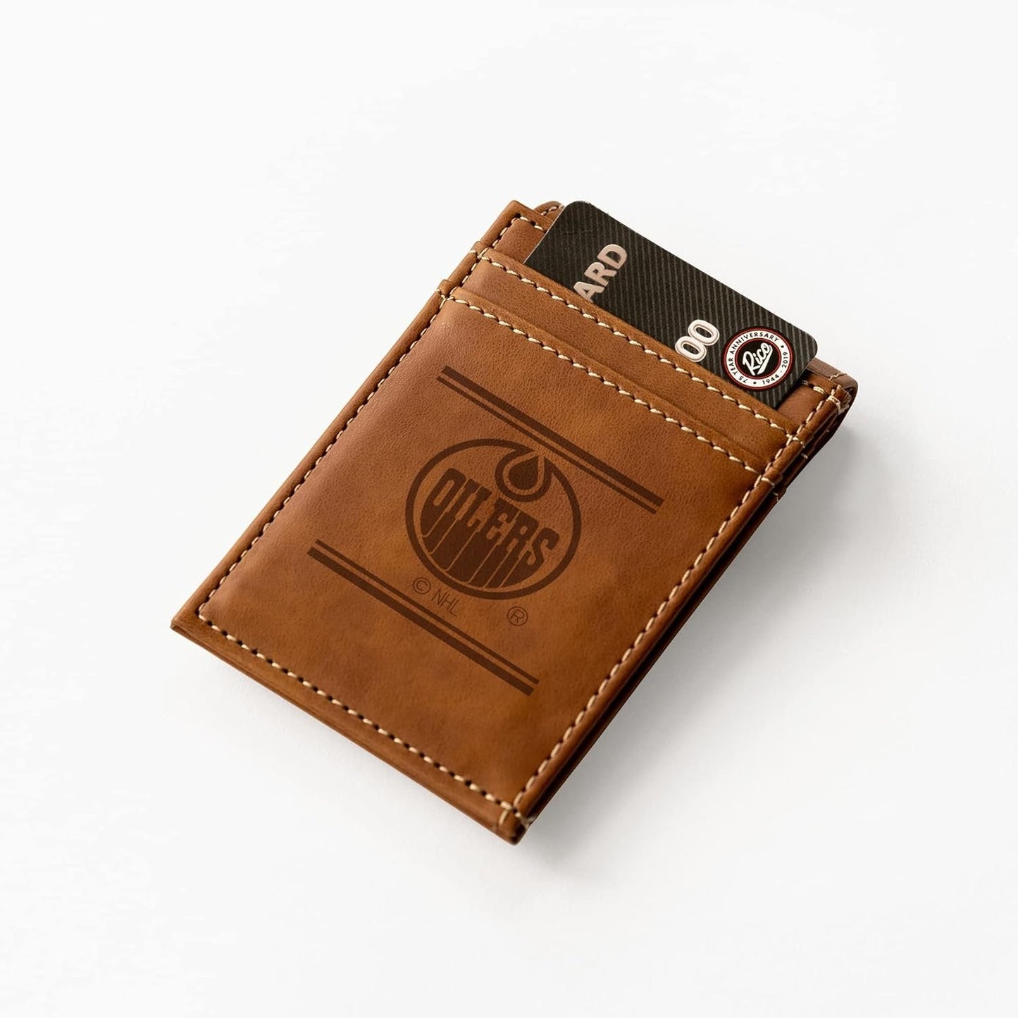 Rico Industries NHL Edmonton Oilers Premium Laser Engraved Vegan Brown Leather Front Pocket Wallet - Compact and Slim yet Sturdy Design - Perfect to Show Your Team Pride or Gift
