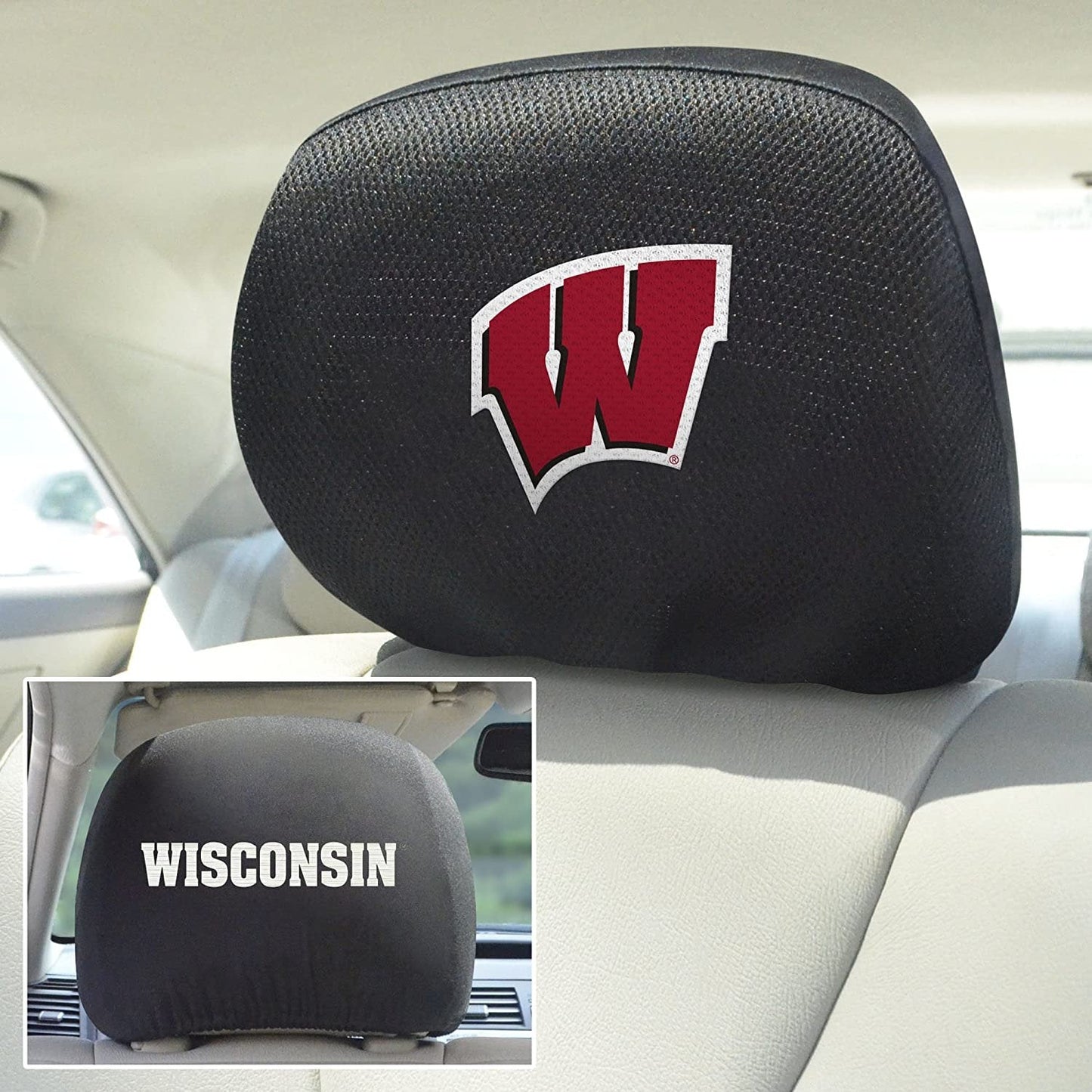 University of Wisconsin Badgers Pair of Premium Auto Head Rest Covers, Embroidered, Black Elastic, 14x10 Inch