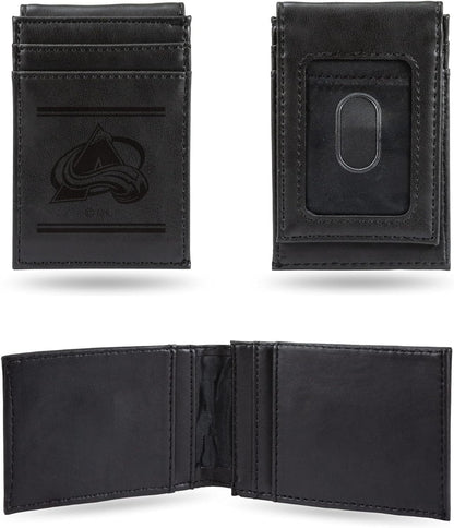 Colorado Avalanche Premium Black Leather Wallet, Front Pocket Magnetic Money Clip, Laser Engraved, Vegan