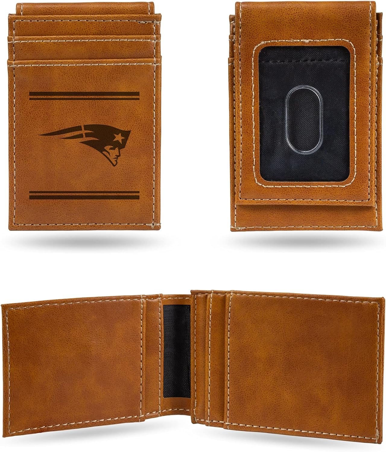 NFL New England Patriots Premium Laser Engraved Vegan Brown Leather Front Pocket Wallet - Compact and Slim yet Sturdy Design - Perfect to Show Your Team Pride or Gift