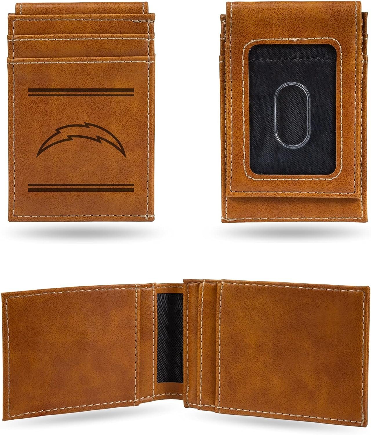 Rico Industries NFL Los Angeles Chargers Premium Laser Engraved Vegan Brown Leather Front Pocket Wallet - Compact and Slim yet Sturdy Design - Perfect to Show Your Team Pride or Gift