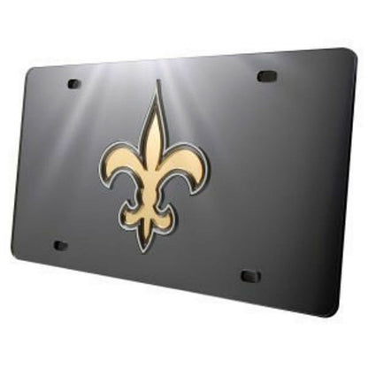New Orleans Saints Premium Laser Cut Tag License Plate, Black Fleur De Lis, Mirrored Inlaid Acrylic, 12x6 Inch