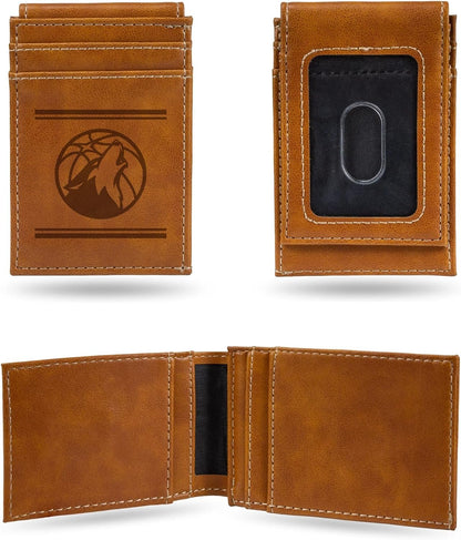 Rico Industries NBA Minnesota Timberwolves Premium Laser Engraved Vegan Brown Leather Front Pocket Wallet - Compact and Slim yet Sturdy Design - Perfect to Show Your Team Pride or Gift